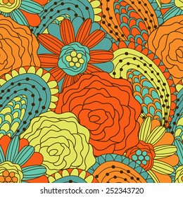 Hand drawn seamless pattern with floral elements. Colorful background. Pattern can be used for fabric, wallpaper or wrapping.