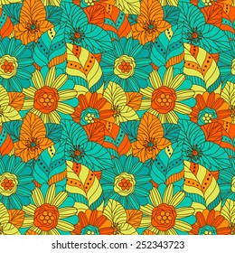 Hand drawn seamless pattern with floral elements. Colorful background. Pattern can be used for fabric, wallpaper or wrapping.