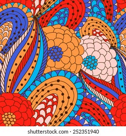 Hand drawn seamless pattern with floral elements. Colorful background. Pattern can be used for fabric, wallpaper or wrapping.