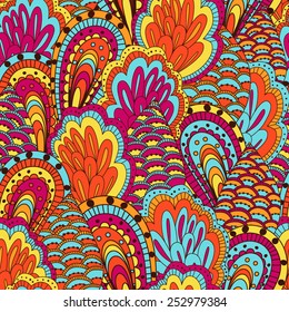 Hand drawn seamless pattern with floral elements. Colorful background. Pattern can be used for fabric, wallpaper or wrapping.