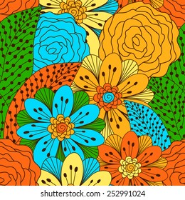 Hand drawn seamless pattern with floral elements. Colorful background. Pattern can be used for fabric, wallpaper or wrapping.
