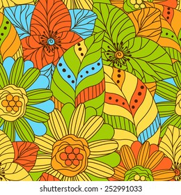 Hand drawn seamless pattern with floral elements. Colorful background. Pattern can be used for fabric, wallpaper or wrapping.