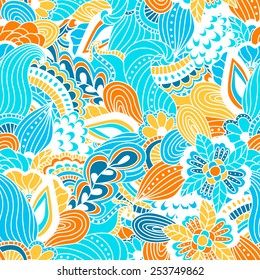 Hand drawn seamless pattern with floral elements. Colorful background. Pattern can be used for fabric, wallpaper or wrapping.