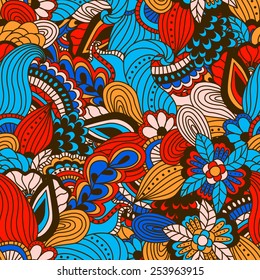 Hand drawn seamless pattern with floral elements. Colorful background. Pattern can be used for fabric, wallpaper or wrapping.
