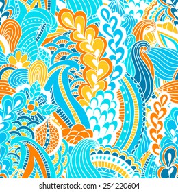 Hand drawn seamless pattern with floral elements. Colorful background. Pattern can be used for fabric, wallpaper or wrapping.