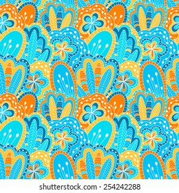 Hand drawn seamless pattern with floral elements. Colorful background. Pattern can be used for fabric, wallpaper or wrapping. 