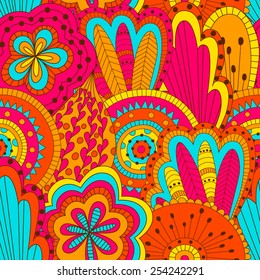 Hand drawn seamless pattern with floral elements. Colorful background. Pattern can be used for fabric, wallpaper or wrapping. 