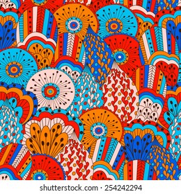 Hand drawn seamless pattern with floral elements. Colorful background. Pattern can be used for fabric, wallpaper or wrapping. 