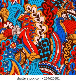 Hand drawn seamless pattern with floral elements. Colorful background. Pattern can be used for fabric, wallpaper or wrapping.