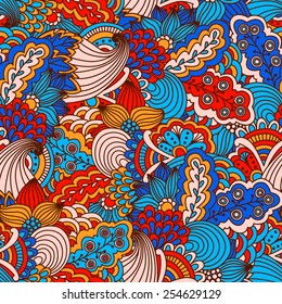 Hand drawn seamless pattern with floral elements. Colorful background. Pattern can be used for fabric, wallpaper or wrapping.