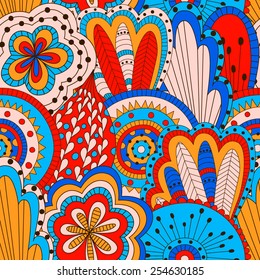 Hand drawn seamless pattern with floral elements. Colorful background. Pattern can be used for fabric, wallpaper or wrapping.