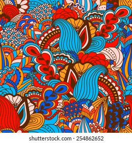 Hand drawn seamless pattern with floral elements. Colorful background. Pattern can be used for fabric, wallpaper or wrapping.
