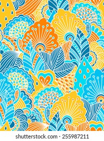 Hand drawn seamless pattern with floral elements. Colorful background. Pattern can be used for fabric, wallpaper or wrapping.