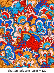 Hand drawn seamless pattern with floral elements. Colorful background. Pattern can be used for fabric, wallpaper or wrapping.