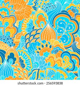 Hand drawn seamless pattern with floral elements. Colorful background. Pattern can be used for fabric, wallpaper or wrapping.