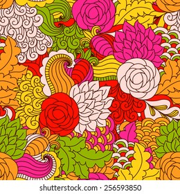 Hand drawn seamless pattern with floral elements. Colorful background. Pattern can be used for fabric, wallpaper or wrapping.