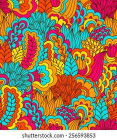 Hand drawn seamless pattern with floral elements. Colorful background. Pattern can be used for fabric, wallpaper or wrapping.