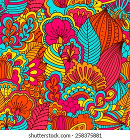 Hand drawn seamless pattern with floral elements. Colorful background. Pattern can be used for fabric, wallpaper or wrapping.