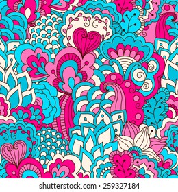 Hand drawn seamless pattern with floral elements. Colorful background. Pattern can be used for fabric, wallpaper or wrapping.