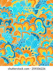 Hand drawn seamless pattern with floral elements. Colorful background. Pattern can be used for fabric, wallpaper or wrapping.