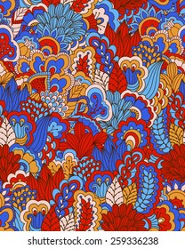 Hand drawn seamless pattern with floral elements. Colorful background. Pattern can be used for fabric, wallpaper or wrapping.
