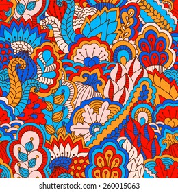 Hand drawn seamless pattern with floral elements. Colorful background. Pattern can be used for fabric, wallpaper or wrapping.