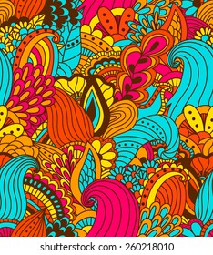 Hand drawn seamless pattern with floral elements. Colorful background. Pattern can be used for fabric, wallpaper or wrapping. 