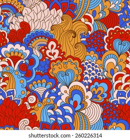 Hand drawn seamless pattern with floral elements. Colorful background. Pattern can be used for fabric, wallpaper or wrapping. 