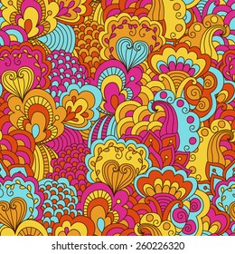 Hand drawn seamless pattern with floral elements. Colorful background. Pattern can be used for fabric, wallpaper or wrapping. 