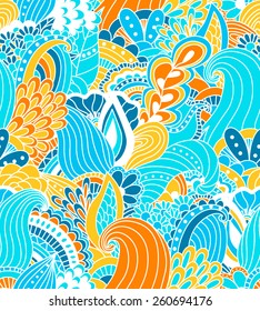 Hand drawn seamless pattern with floral elements. Colorful background. Pattern can be used for fabric, wallpaper or wrapping.