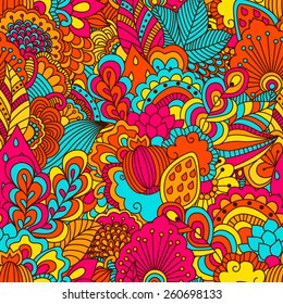 Diseño a mano sin fisuras con elementos florales. Fondo colorido. El patrón se puede utilizar para tela, papel pintado o envolver.