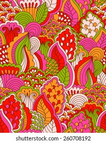 Hand drawn seamless pattern with floral elements. Colorful background. Pattern can be used for fabric, wallpaper or wrapping.

