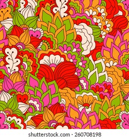 Hand drawn seamless pattern with floral elements. Colorful background. Pattern can be used for fabric, wallpaper or wrapping.
