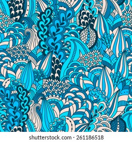 Hand drawn seamless pattern with floral elements. Colorful background. Pattern can be used for fabric, wallpaper or wrapping.