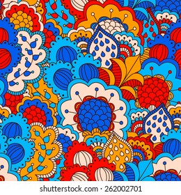Hand drawn seamless pattern with floral elements. Colorful background. Pattern can be used for fabric, wallpaper or wrapping.