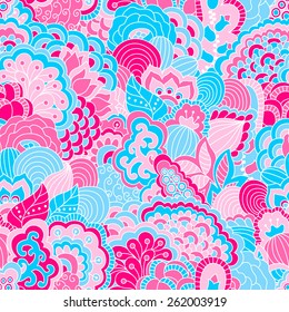 Hand drawn seamless pattern with floral elements. Colorful background. Pattern can be used for fabric, wallpaper or wrapping.