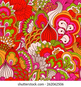 Hand drawn seamless pattern with floral elements. Colorful background. Pattern can be used for fabric, wallpaper or wrapping.