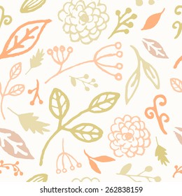 Hand drawn seamless pattern with floral design elements in pastel colors.