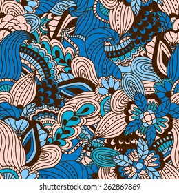 Hand drawn seamless pattern with floral elements. Colorful background. Pattern can be used for fabric, wallpaper or wrapping.