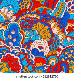 Hand drawn seamless pattern with floral elements. Colorful background. Pattern can be used for fabric, wallpaper or wrapping.