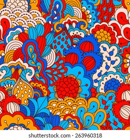 Hand drawn seamless pattern with floral elements. Colorful background. Pattern can be used for fabric, wallpaper or wrapping.