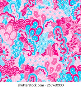 Hand drawn seamless pattern with floral elements. Colorful background. Pattern can be used for fabric, wallpaper or wrapping.