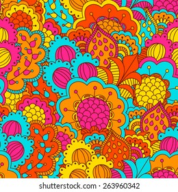 Hand drawn seamless pattern with floral elements. Colorful background. Pattern can be used for fabric, wallpaper or wrapping.