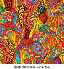 Hand drawn seamless pattern with floral elements. Colorful background. Pattern can be used for fabric, wallpaper or wrapping.