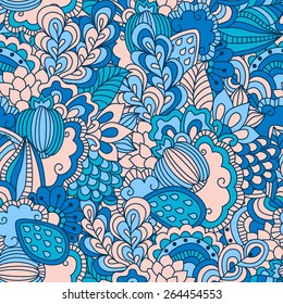 Hand drawn seamless pattern with floral elements. Colorful background. Pattern can be used for fabric, wallpaper or wrapping.