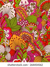 Hand drawn seamless pattern with floral elements. Colorful background. Pattern can be used for fabric, wallpaper or wrapping.