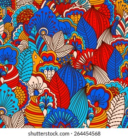 Hand drawn seamless pattern with floral elements. Colorful background. Pattern can be used for fabric, wallpaper or wrapping.