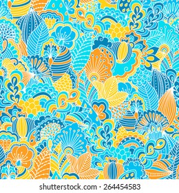 Hand drawn seamless pattern with floral elements. Colorful background. Pattern can be used for fabric, wallpaper or wrapping.