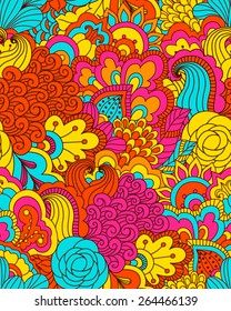 Hand drawn seamless pattern with floral elements. Colorful background. Pattern can be used for fabric, wallpaper or wrapping. 