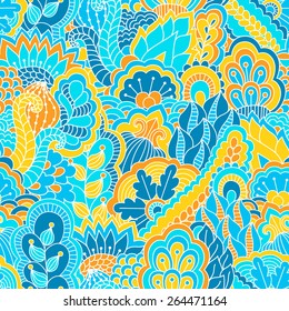 Hand drawn seamless pattern with floral elements. Colorful background. Pattern can be used for fabric, wallpaper or wrapping.